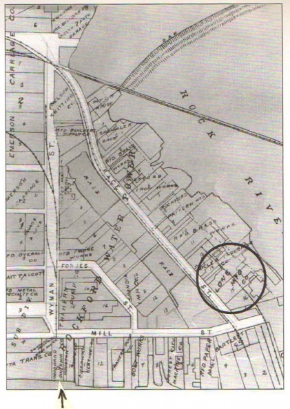 1912 plat of the Rockford_Illinois Water Power District_  Note the  arrow at the Woodward property at 250 Mill Street_.jpg